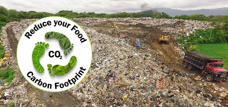 Reduce your food carbon footprint logo over a landfill image of trash and food waste with trucks organizing the area.