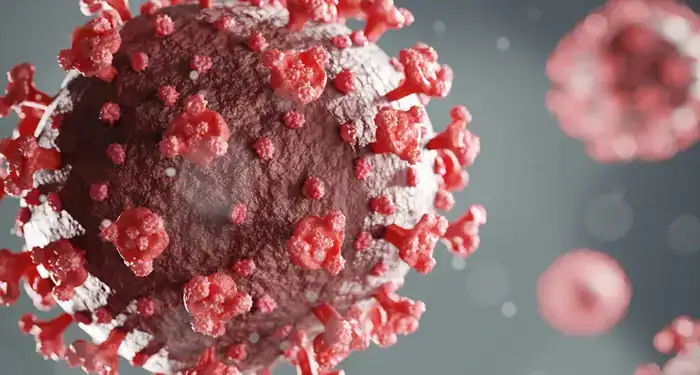 Close-up 3D rendering of the COVID virus