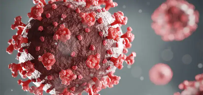 Close-up 3D rendering of the COVID virus